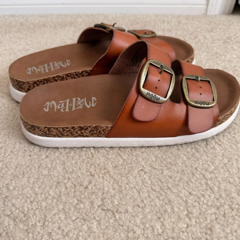 Mad Love Cognac Brown Double Strap Buckle Footbed Slide Sandals Womens 9